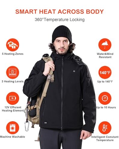 DEWBU Soft Shell Heated Jacket for Men with 12V Battery Pack and Detachable Hood Outdoor Electric Heating Coat, Black, XL