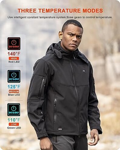 DEWBU Soft Shell Heated Jacket for Men with 12V Battery Pack and Detachable Hood Outdoor Electric Heating Coat, Black, XL