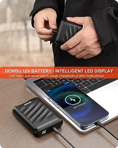 DEWBU Soft Shell Heated Jacket for Men with 12V Battery Pack and Detachable Hood Outdoor Electric Heating Coat, Black, XL