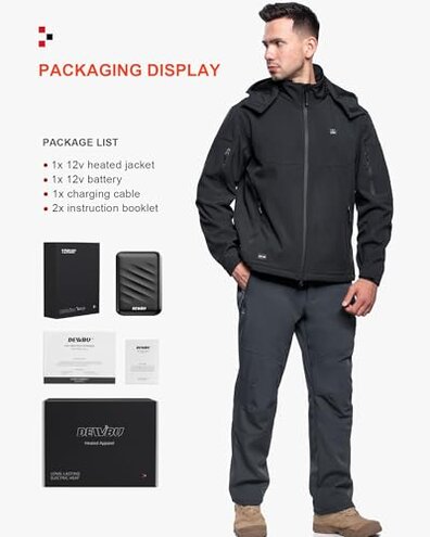 DEWBU Soft Shell Heated Jacket for Men with 12V Battery Pack and Detachable Hood Outdoor Electric Heating Coat, Black, XL