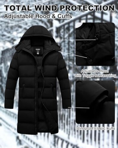 CTFASHION Mens Parka Winter Coats Bubble Coat Extra Long Puffer Jacket Quilted Snow Warm Thicken Padded Insulated Hooded Cotton Removable Grey S