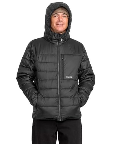 Volcom Men's Standard Puff Hooded Snow, PFAS-Free, Zip Tech-Jacket to Pant Interface, Black