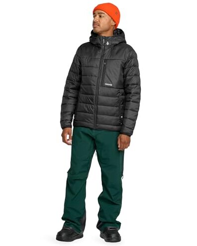 Volcom Men's Standard Puff Hooded Snow, PFAS-Free, Zip Tech-Jacket to Pant Interface, Black