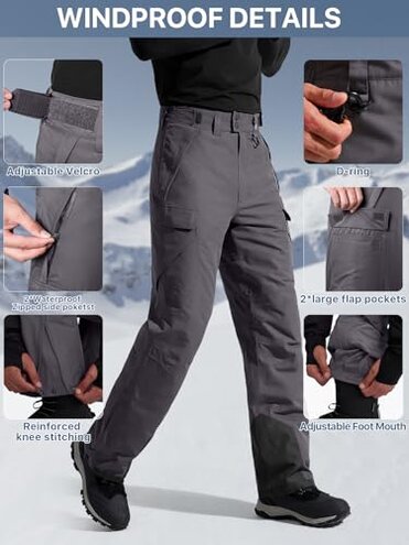 FREE SOLDIER Men's Waterproof Snow Insulated Pants Winter Skiing Snowboarding Pants with Zipper Pockets (Small(30-32)/32L Gray)