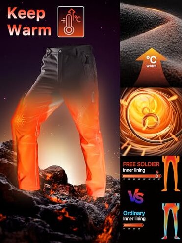 FREE SOLDIER Men's Fleece Lined Outdoor Cargo Hiking Pants Water Repellent Softshell Snow Ski Pants with Zipper Pockets (Black 32W x 30L)