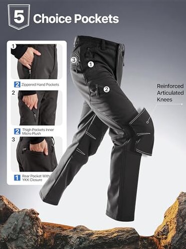 FREE SOLDIER Men's Fleece Lined Outdoor Cargo Hiking Pants Water Repellent Softshell Snow Ski Pants with Zipper Pockets (Black 32W x 30L)