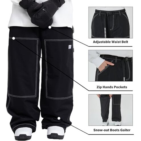SNOWVERB Women Men Fashion Streetwear Snowboard Jeans Waterproof Ski Loose Fit Snowboard Insulated Windproof Snow Pants (L, Black)
