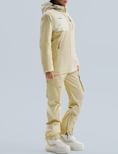 GEMYSE Women's Ski Snow Jackets and Pants Set Windproof Waterproof Snowsuit Warm Winter Snowboarding Insulated Coat(Apricot Illusion White,Small)