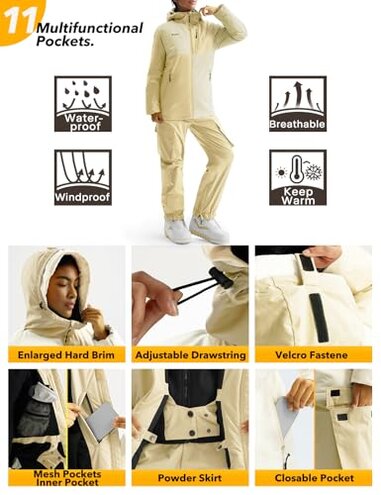GEMYSE Women's Ski Snow Jackets and Pants Set Windproof Waterproof Snowsuit Warm Winter Snowboarding Insulated Coat(Apricot Illusion White,Small)