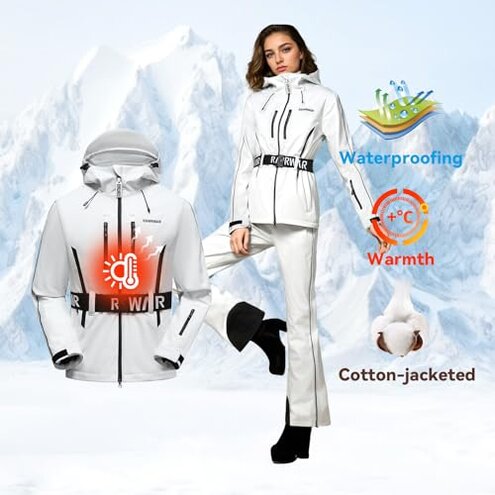 Womens Ski Jacket and Pants Set, Waterproof Snow Suits for Women, Warm Windproof Ski Set, Adult Slim Hooded Raincoat Jacket, Snowboard Outfit for Skiing Snowmobile Hiking & Winter Activities