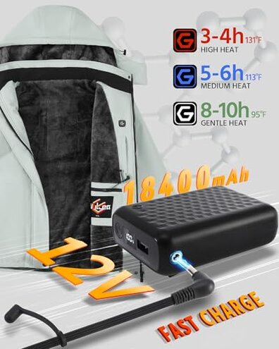 Women Puffer Graphene Heated Jacket Battery Pack Charger Ladies Electric Warming Coat USB Ski Heating Apparel Clothes Rain Snowboard Puffer Snow Insulated Softshell Warm Outerwear Suit Grey White