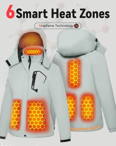 Women Puffer Graphene Heated Jacket Battery Pack Charger Ladies Electric Warming Coat USB Ski Heating Apparel Clothes Rain Snowboard Puffer Snow Insulated Softshell Warm Outerwear Suit Grey White