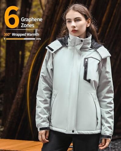 Women Puffer Graphene Heated Jacket Battery Pack Charger Ladies Electric Warming Coat USB Ski Heating Apparel Clothes Rain Snowboard Puffer Snow Insulated Softshell Warm Outerwear Suit Grey White