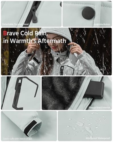 Women Puffer Graphene Heated Jacket Battery Pack Charger Ladies Electric Warming Coat USB Ski Heating Apparel Clothes Rain Snowboard Puffer Snow Insulated Softshell Warm Outerwear Suit Grey White