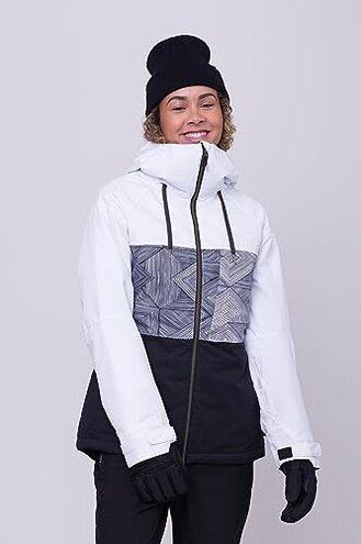 686 Women's Athena Jacket - Insulated Coat with 2-Layer Fabric Design, Modern Fit and Taped Seams - Water & Weather Resistant - White Geo Colorblock, X-Small