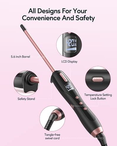 Wavytalk 3/8 Inch Small Curling Iron Wand for Short & Long Hair, Ceramic Barrel with Adjustable Temperature, Heat Resistant Glove Included (Rose Pink)