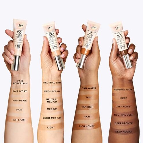 IT Cosmetics CC+ Nude Glow (Light Medium) - Medium Coverage Foundation with SPF 40 & Brightening Glow Serum, Lightweight Skin Tint, 2% Niacinamide + Hyaluronic Acid, Up to 24H Hydration - 1.08 fl oz