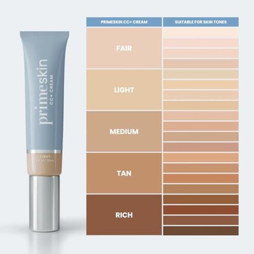 Prime Prometics PrimeSkin CC+ Cream for Mature Women &ndash; Lightweight Liquid-to-Powder Foundation &ndash; Blurs Pores & Covers Age Spots &ndash; Crease-Free, Hydrating & Soft-Matte Finish for Sensitive Skin (Light)