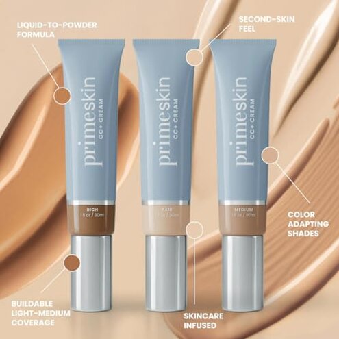 Prime Prometics PrimeSkin CC+ Cream for Mature Women &ndash; Lightweight Liquid-to-Powder Foundation &ndash; Blurs Pores & Covers Age Spots &ndash; Crease-Free, Hydrating & Soft-Matte Finish for Sensitive Skin (Light)