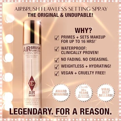 Charlotte Tilbury Airbrush Flawless Setting Spray - Ultra-Fine Hydrating Mist to Prime & Set Face Makeup For Up to 16Hr - Soothes, Blurs Pores & Calms Skin (100ml)