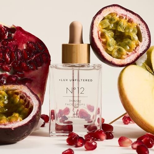 + Lux Unfiltered N&deg;12 Face Tanning Drops - Non-Comedogenic Bronzing Drops for Face with Hyaluronic Acid, Vitamin E, & Passionfruit Oil - Fragrance Free, Cruelty Free, & Vegan Self Tanner