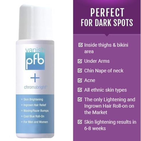 PFB Vanish Razor Bump Stopper Skin Care Treatment with Chromabright Dark Spot Remover, Roll On Formula Treats Ingrown Hairs and Razor Burns - 93g
