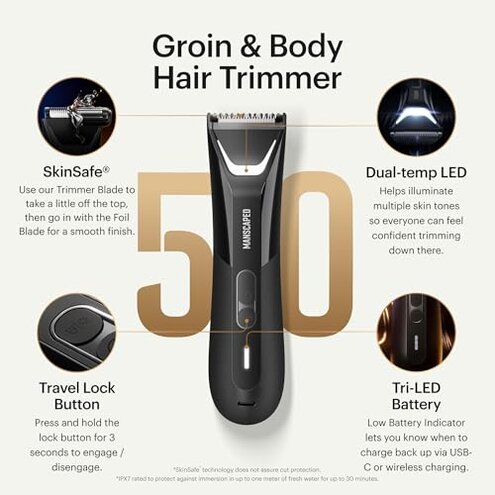 MANSCAPED® The Lawn Mower® 5.0 Ultra Groin & Body Hair Trimmer – Dual-Head SkinSafe® Trimmer & Foil Blades, Waterproof Wet/Dry Groomer, USB-C Rechargeable with Travel Case, Men’s Ball Shaver, Black