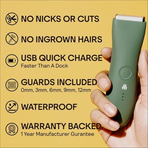 MERIDIAN The Trimmer Original - Body Hair Trimmer for Men, Electric Shaver for Pubic Hair, Chest, Legs & Bikini, Waterproof & Rechargeable, Sage