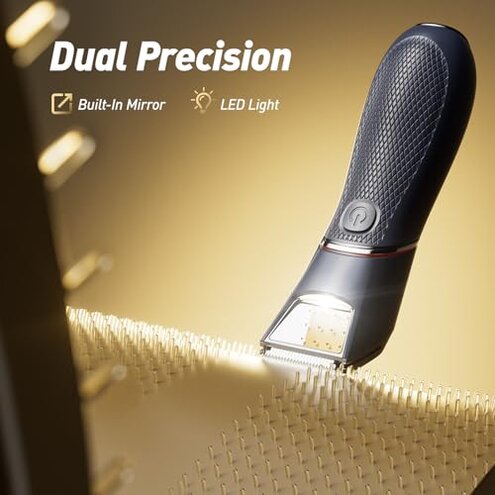 LGTGH Body Hair Trimmer for Men: Pubic Hair Trimmer with Mirror & LED Light - Electric Ball Shavers with Ceramic Blades & Travel Lock - Body Groomer IPX7 Waterproof Use for Groin/Chest/Legs