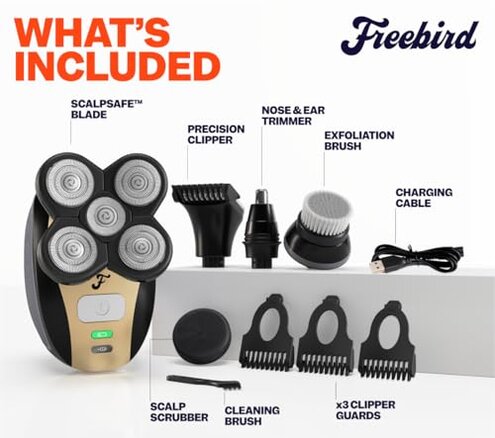 Freebird FlexSeries Electric Head & Body Hair Shaver - Mens Cordless Rechargeable Wet/Dry Skull Bald Head Back & Groin Waterproof Razor with Rotary Blades, Clippers, Nose Trimmer, Brush, Massager