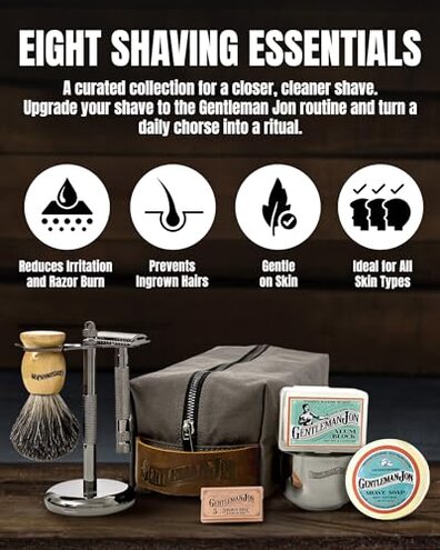 Gentleman Jon Deluxe Vintage Shaving Kit for Men - Men's Shaving Set Gifts, Compact Design, Includes Safety Razor and Brush Stand, Brush, Potassium Alum Block, Soap, Stainless Bowl, Stand & Dopp Kit