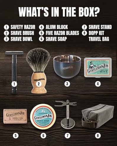 Gentleman Jon Deluxe Vintage Shaving Kit for Men - Men's Shaving Set Gifts, Compact Design, Includes Safety Razor and Brush Stand, Brush, Potassium Alum Block, Soap, Stainless Bowl, Stand & Dopp Kit