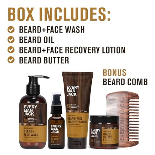 Every Man Jack Beard Essentials Gift Set for Men &ndash; Complete Routine with 5 Full-Size Products &ndash; Sandalwood Scent - Beard & Face Wash, Lotion, Oil, Butter & Comb
