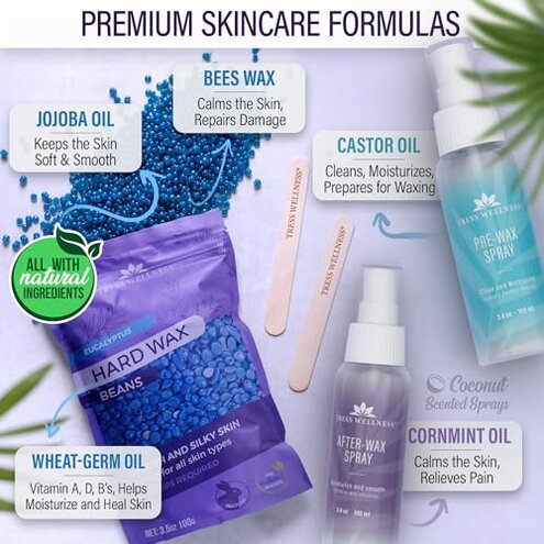 Tress Wellness Waxing Kit for Sensitive Skin, Safe for Face & Skin, Prep & Aftercare Spray, Easy to Use, At-Home Kit for Face, Bikini, Brazilian & Full Body - Digital Display, Black Purple Flower