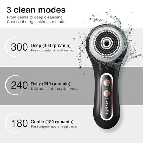 UMICKOO Face Scrubber Exfoliator, Rechargeable Facial Cleansing Brush with 2-Way Rotation & 3 Modes, 30-Day Runtime, 5 Brush Heads for SPA-Level Care, IPX7 Waterproof, Deep Cleaning for All Skin Types