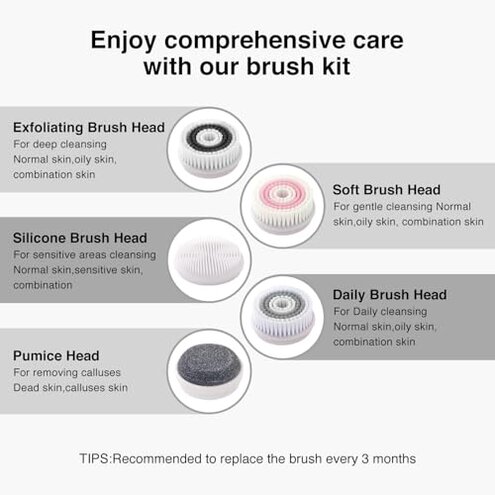 UMICKOO Face Scrubber Exfoliator, Rechargeable Facial Cleansing Brush with 2-Way Rotation & 3 Modes, 30-Day Runtime, 5 Brush Heads for SPA-Level Care, IPX7 Waterproof, Deep Cleaning for All Skin Types