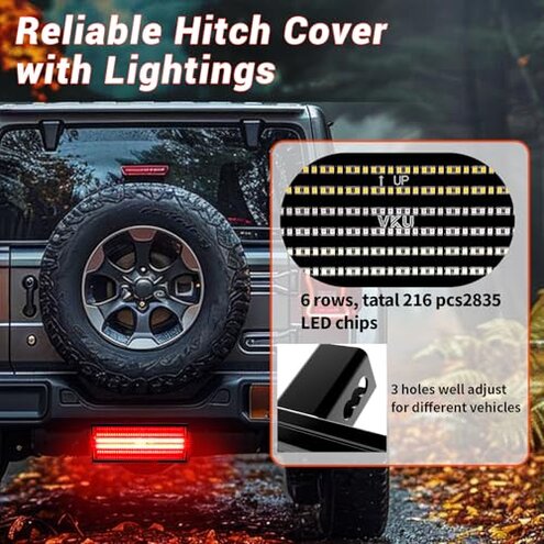 VKU LED Light Trailer Hitch Cover, 6 Mode of Full Lighting, 6 Rows and 216 pcs LED Chips, Universal Fit 2" Receiver for rucks Chevy (Chevrolet), Ford, Toyota, GMC, Dodge RAM, Jeep, ATV SUV Van