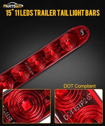 Partsam 10Pcs Red 15 Inch 11 LED Trailer Tail Light Bar Sealed Stop Turn Tail Park Third 3rd Brake Light Bar Trailer Center Light Bar for 80" or Wider Trailers DOT Certified and IP67 Submersible