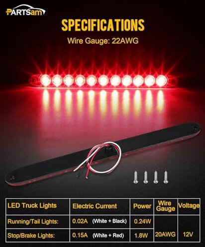 Partsam 10Pcs Red 15 Inch 11 LED Trailer Tail Light Bar Sealed Stop Turn Tail Park Third 3rd Brake Light Bar Trailer Center Light Bar for 80" or Wider Trailers DOT Certified and IP67 Submersible