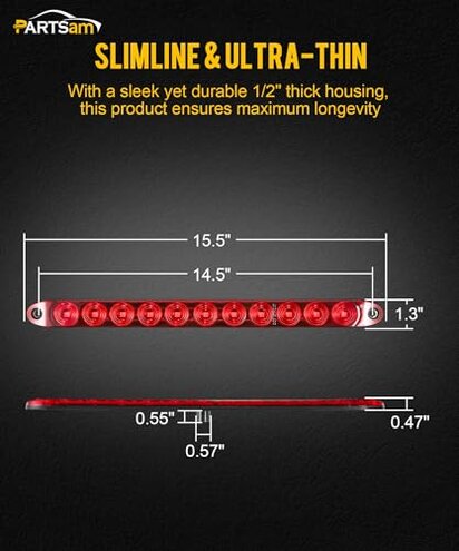 Partsam 10Pcs Red 15 Inch 11 LED Trailer Tail Light Bar Sealed Stop Turn Tail Park Third 3rd Brake Light Bar Trailer Center Light Bar for 80" or Wider Trailers DOT Certified and IP67 Submersible