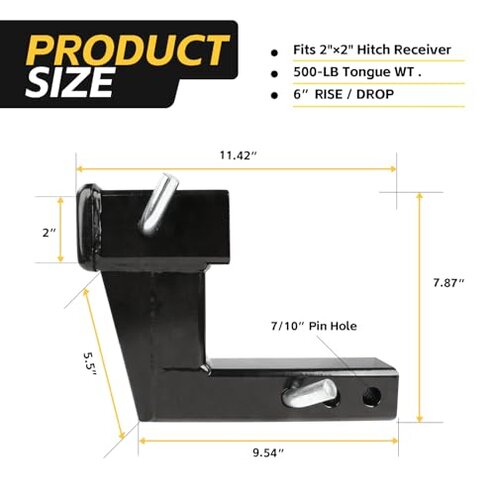 MaxxHaul 50909 Trailer Hitch Riser for 2 inch Receiver with 6 inch Rise & Drop with Solid Shaft, with 2 Pack Hitch Pins