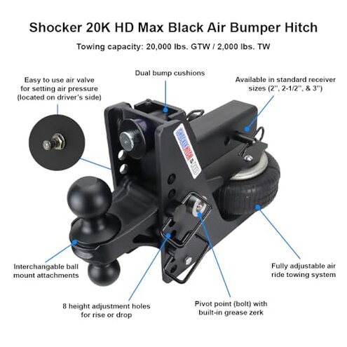 Shocker HD Max Black Air Hitch with Combo Ball, Fits 2-1/2" Hitch Black Combo 2" & 2-5/16" Balls