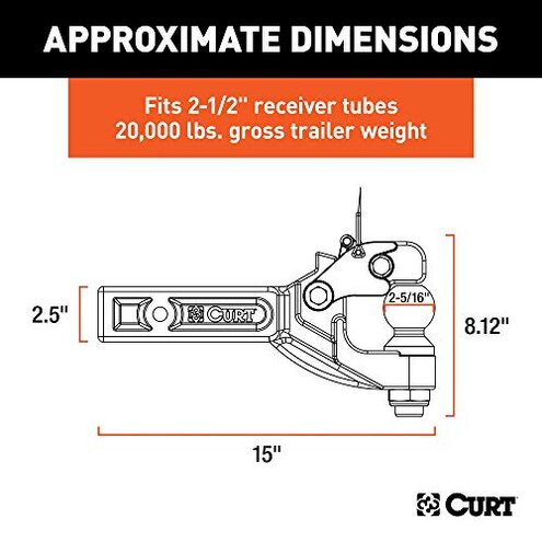 CURT 48012 Pintle Hitch with 2-5/16-Inch Trailer Ball, Fits 2-1/2-Inch Receiver, 20,000 lbs, 15-Inch Length