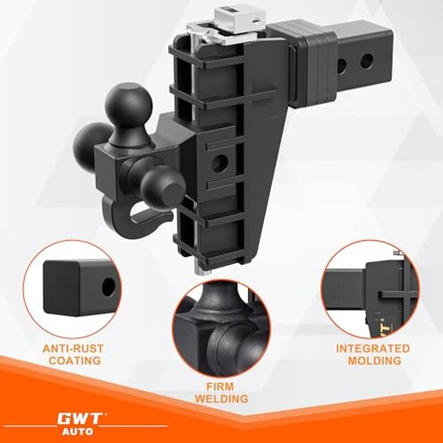 GWTAUTO Adjustable Trailer Hitch with Hook, Tri-Ball (1-7/8" x 2" x 2-5/16") Drop Hitch, Fits 2.5-Inch Receiver, 6 Inch Drop Hitch, 18500 LBS GTW-Class 3 Tow Hitch for Heavy Duty Truck, Black