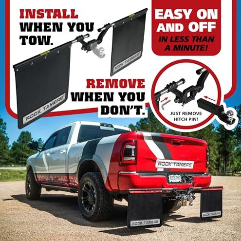 Rock Tamers 00110 - 2.5" Official Mudflap System - 2.5" Hitch Receiver - Hitch Mounted Mud Flaps to Protect What You Tow - Removeable and Adjustable-Black/Stainless Steel - 1 System