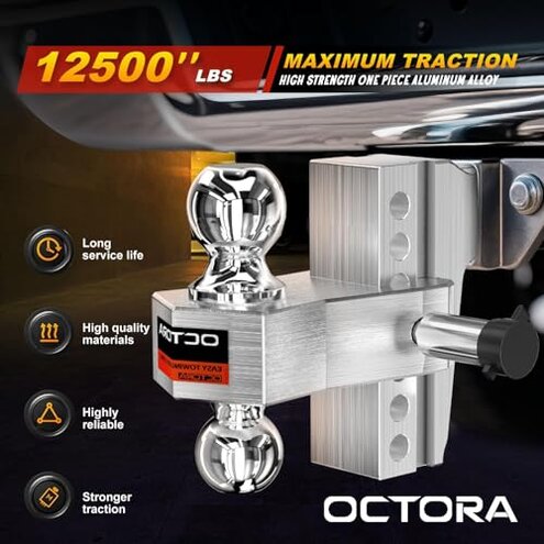 Adjustable Trailer Hitch Fits 2-inch Receiver, Heavy Duty Aluminum Tow Hitches,6-inch Drop/Rise, Solid Tube Hitch,for Truck(12,500 LBS GTW), Double Anti-Theft Locking Hitch Pins (Silver)