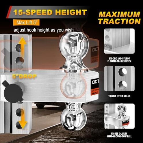 Adjustable Trailer Hitch Fits 2-inch Receiver, Heavy Duty Aluminum Tow Hitches,6-inch Drop/Rise, Solid Tube Hitch,for Truck(12,500 LBS GTW), Double Anti-Theft Locking Hitch Pins (Silver)