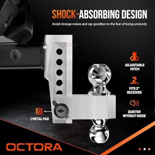 OCTORA Adjustable Trailer Hitch (Fits 2-Inch Receiver) - Aluminum Tow Hitch with 6-Inch Drop/Rise for Truck (12,500 LBS GTW) - Double Anti-Theft Locking Hitch Pins (Silver, 2inch-6Drop)