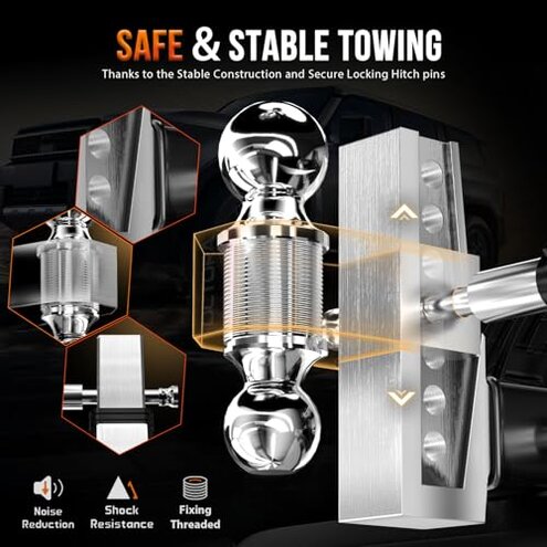 OCTORA Adjustable Trailer Hitch (Fits 2-Inch Receiver) - Aluminum Tow Hitch with 6-Inch Drop/Rise for Truck (12,500 LBS GTW) - Double Anti-Theft Locking Hitch Pins (Silver, 2inch-6Drop)