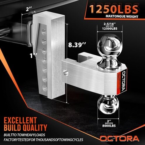OCTORA Adjustable Trailer Hitch (Fits 2-Inch Receiver) - Aluminum Tow Hitch with 6-Inch Drop/Rise for Truck (12,500 LBS GTW) - Double Anti-Theft Locking Hitch Pins (Silver, 2inch-6Drop)
